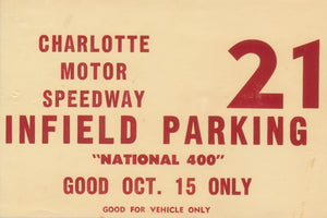 1961 NASCAR National 400 Charlotte Motor Speedway Infield Parking Pass