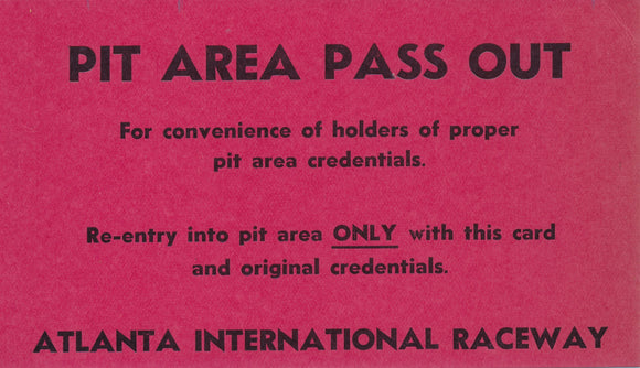 Atlanta International Raceway Pit Area Pass Out Credential