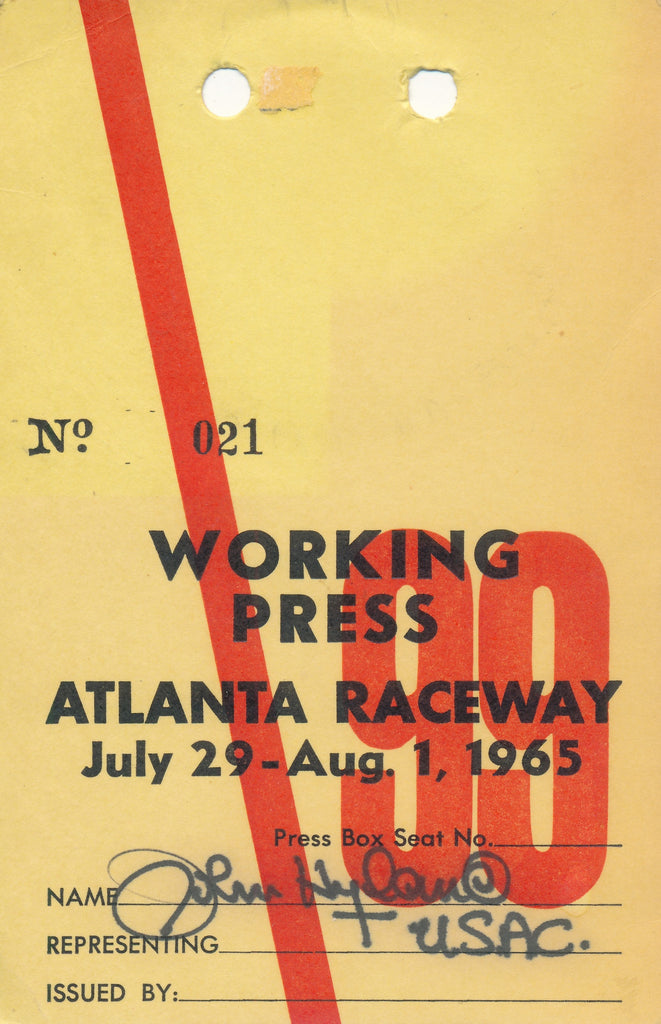 1965 Atlanta Raceways Working Press John Hyland Credential