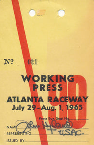 1965 Atlanta Raceways Working Press John Hyland Credential