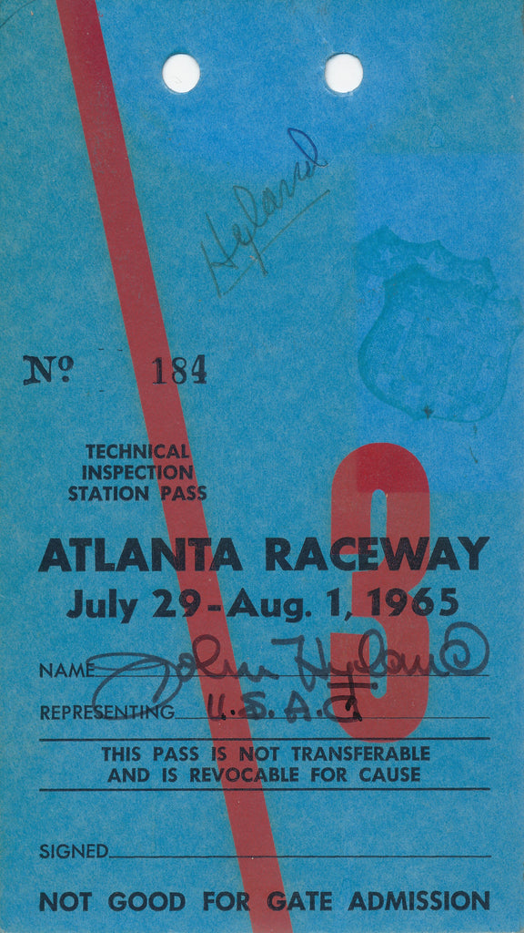 1965 Atlanta Raceway Technical Inspection Station Pass John Hyland Credential