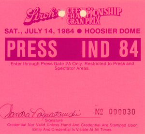 1984 Hoosier Dome Off Road Championship Grand Prix Press Credential