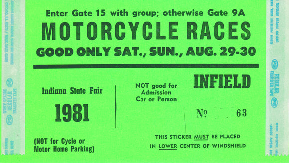 1981 Motorcycle Races Indiana State Fair Infield Pass