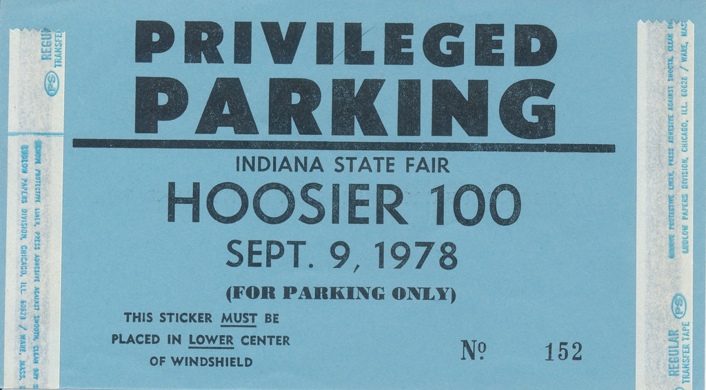 1978 Hoosier 100 Indiana State Fair Privileged Parking Pass