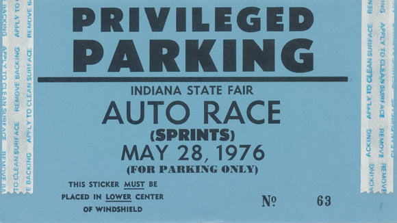 1976 Sprints Auto Race Indiana State Fair Privileged Parking Pass