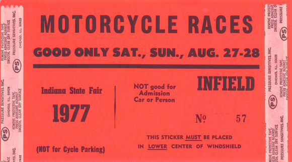 1977 Motorcycle Races Indiana State Fair Infield Pass