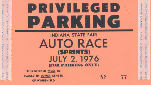 1976 Sprints Auto Race Indiana State Fair Privileged Parking Pass