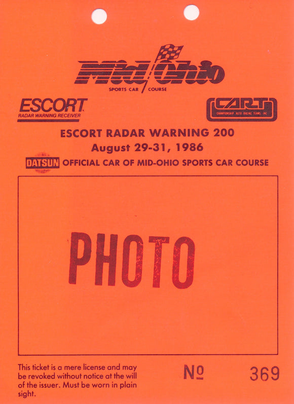 1986 CART Mid Ohio Escort Radar Warning 200 Photo Credential