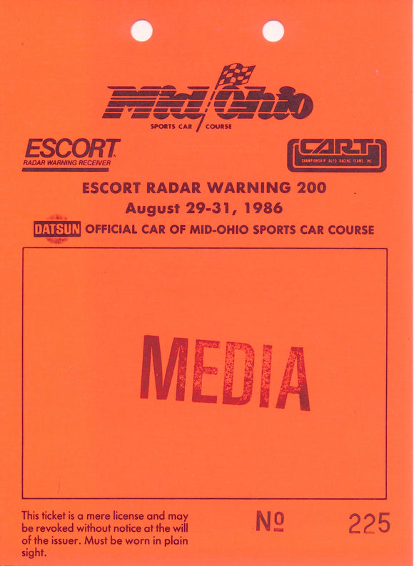 1986 CART Mid Ohio Escort Radar Warning 200 Media Credential