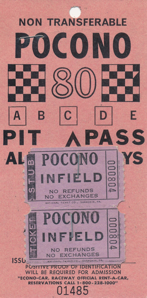 1980 Pocono NASCAR Winston Cup International Speedway Pitt & Infield Pass