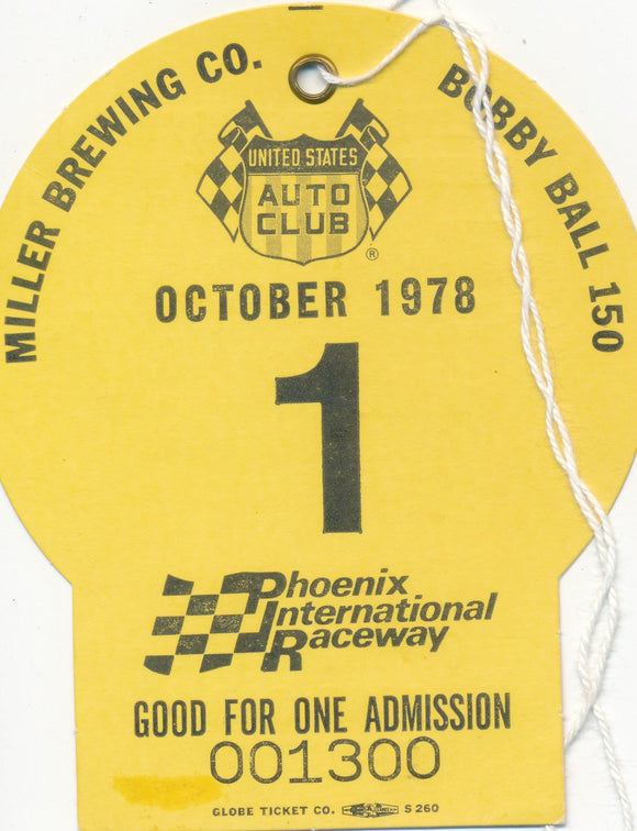 1978 USAC Miller Brewing Co. Bobby Ball 150 Phoenix International Raceway Credential