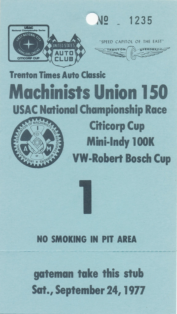 1977 Machinists Union 150 USAC National Championship Race Citicorp Cup Mini-Indy 100K VW-Robert Bosch Cup Credential