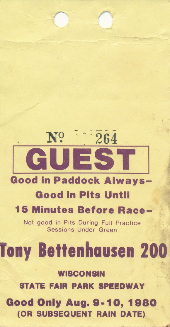 1980 Tony Bettenhausen 200 Guest Pit & Paddock Credential