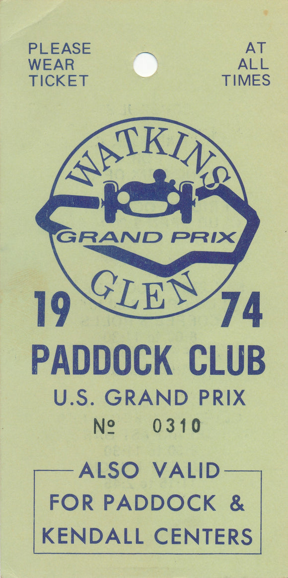 1974 Watkins Glen Grand Prix Paddock Club Grand Prix of US Credential