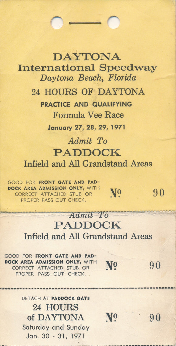 1971 24 Hours of Daytona Practice and Qualifying, Formula Vee Race Daytona International Speedway Paddock Credential