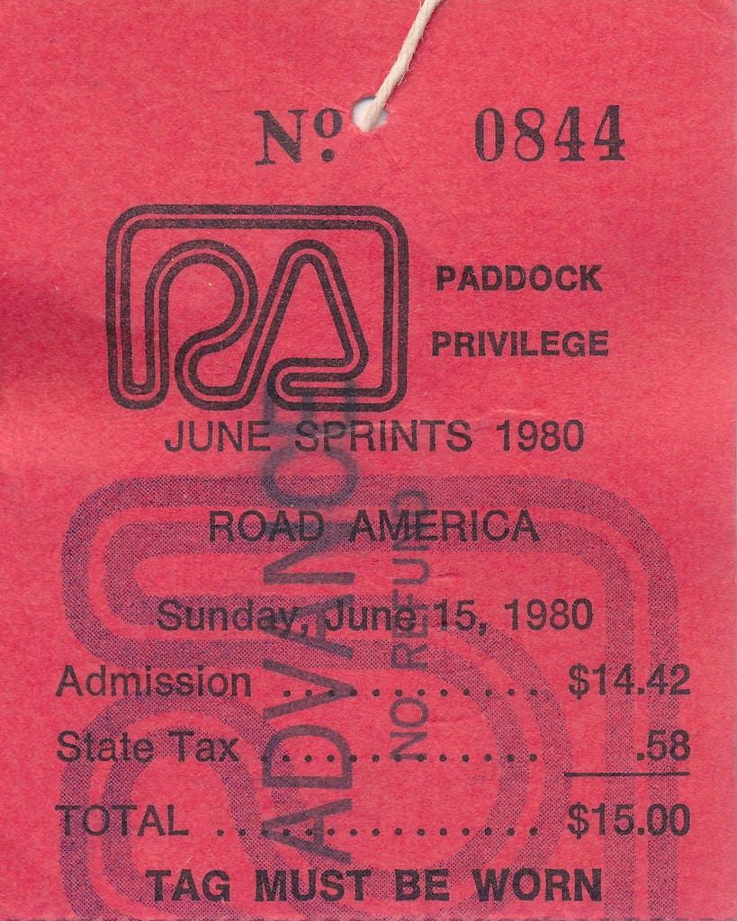 1980 June Sprints Road America Paddock Privilege Credential