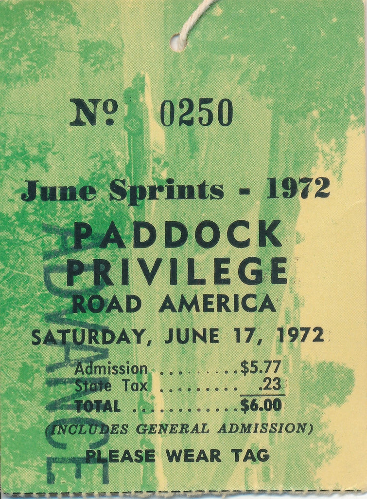 1972 Road America June Sprints Paddock Privilege Advance Credential