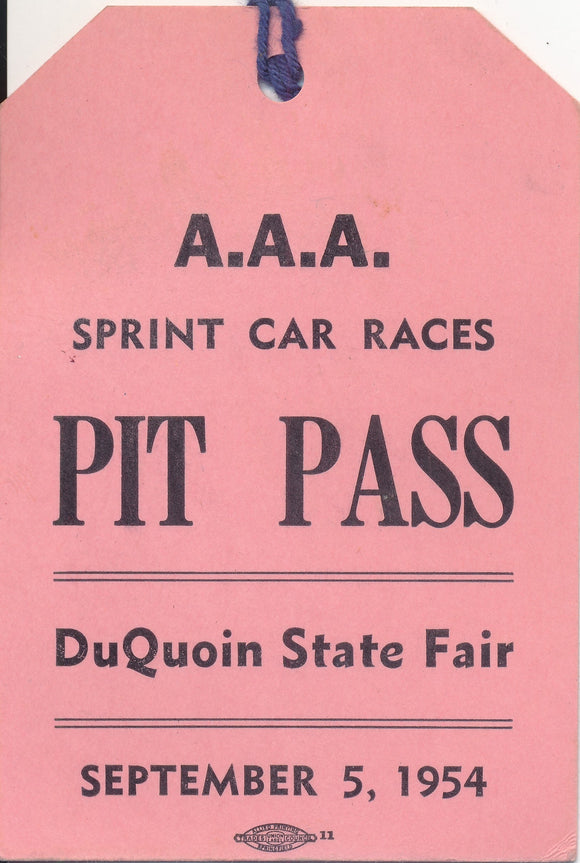 1954 AAA Sprint Car Races Du Quoin State Fair Pit Pass