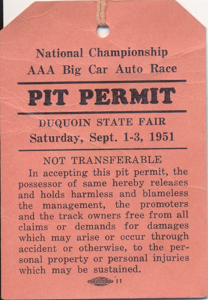 1951 National Championship AAA Big Car Auto Race Du Quoin State Fair Pit Permit