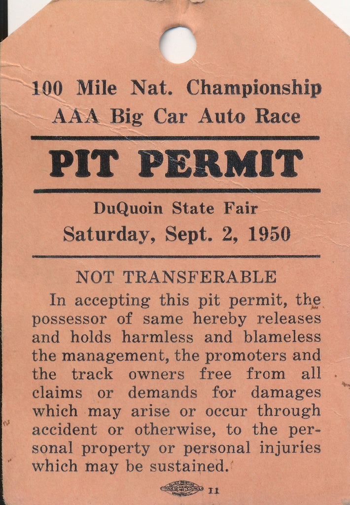 1950 100 Mile National Championship AAA Big Car Auto Race Du Quoin State Fair Pit Permit