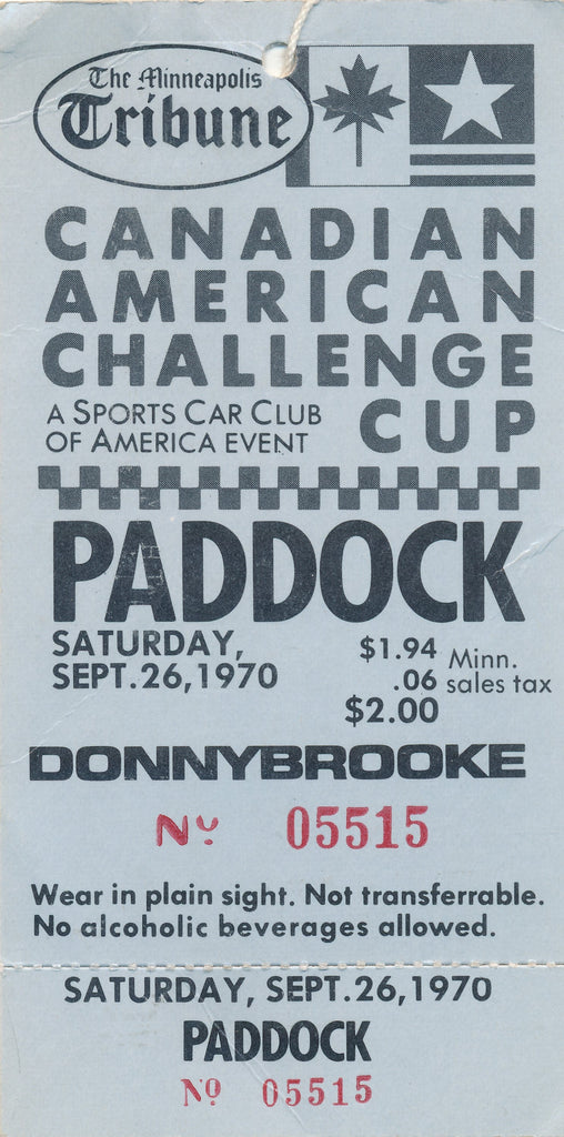 1970 Minneapolis Tribune Canadian American Challenge Cup Paddock Credential