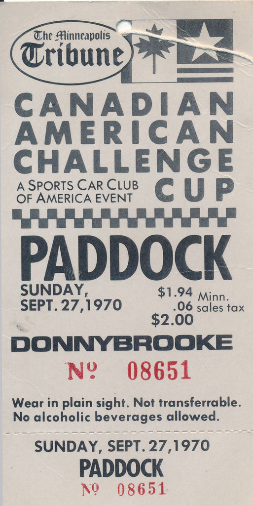 1970 Minneapolis Tribune Canadian American Challenge Cup Paddock Credential