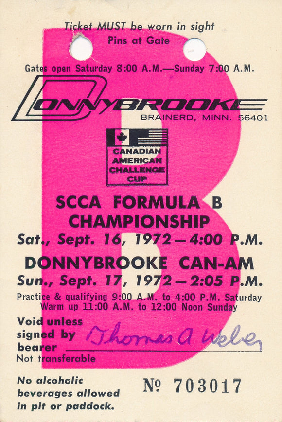 1972 SCCA Formula B Championship Donnybrooke CAN-AM Credential