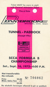 1972 SCCA Formula B Championship Donnybrooke Tunnel Paddock Credential