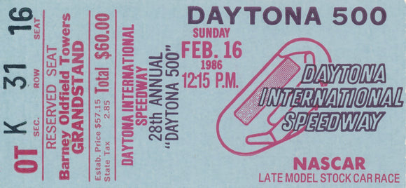 1986 Daytona 500 Daytona International Speedway Reserved Barney Oldfield Towers Ticket