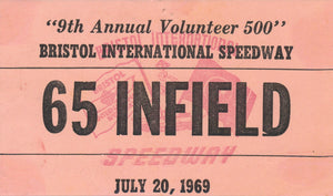 1969 9th Annual Volunteer 500 Bristol International Speedway 65 Infield Credential