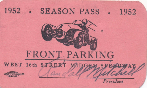 1952 West 16th Street Midget Speedway Season Front Parking Pass