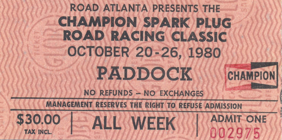 1980 Champions Spark Plug Road Racing Classis Road Atlanta Paddock Pass