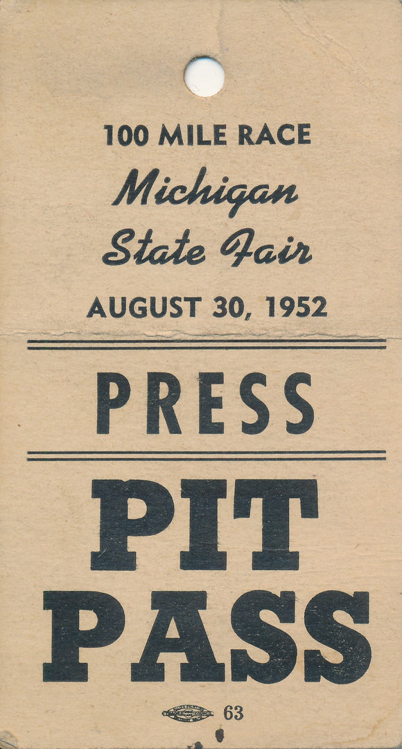 1952 100 Mile Race Michigan State Fair Press Pit Pass