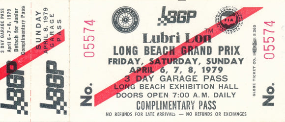 1979 Lubri Lon Long Beach Grand Prix 3 Day Garage Pass