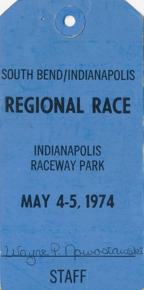 1974 Indianapolis Raceway Park Southbend/Indianapolis Regional Race Staff Credential