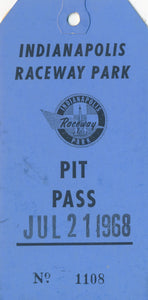 1968 USAC Indy Cars Hoosier Grand Prix at Indianapolis Raceway Park Press Pass. Al Unser winner.