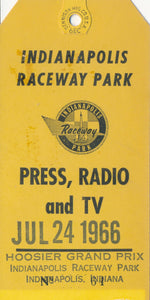 1966 USAC Indy Cars Hoosier Grand Prix at Indianapolis Raceway Park Press, Radio and TV Pass. Mario Andretti winner.