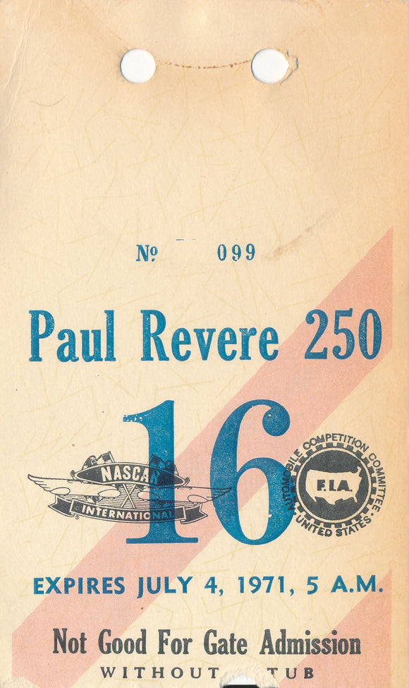 1971 Paul Revere 250 Daytona International Speedway Credential. Brumos Porsche 250 handwritten on the back.