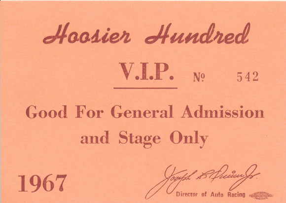 1967 USAC Indy Car Hoosier Hundred Indiana State Fairgrounds, VIP Pass. Mario Andretti Winner.