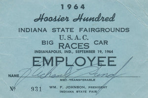 1964 USAC Big Car Hoosier Hundred Indiana State Fairgrounds Employee Credential