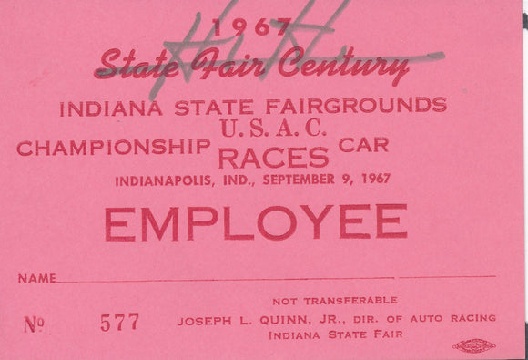 1967 USAC Indy Car Hoosier Hundred Indiana State Fairgrounds Employee Credential