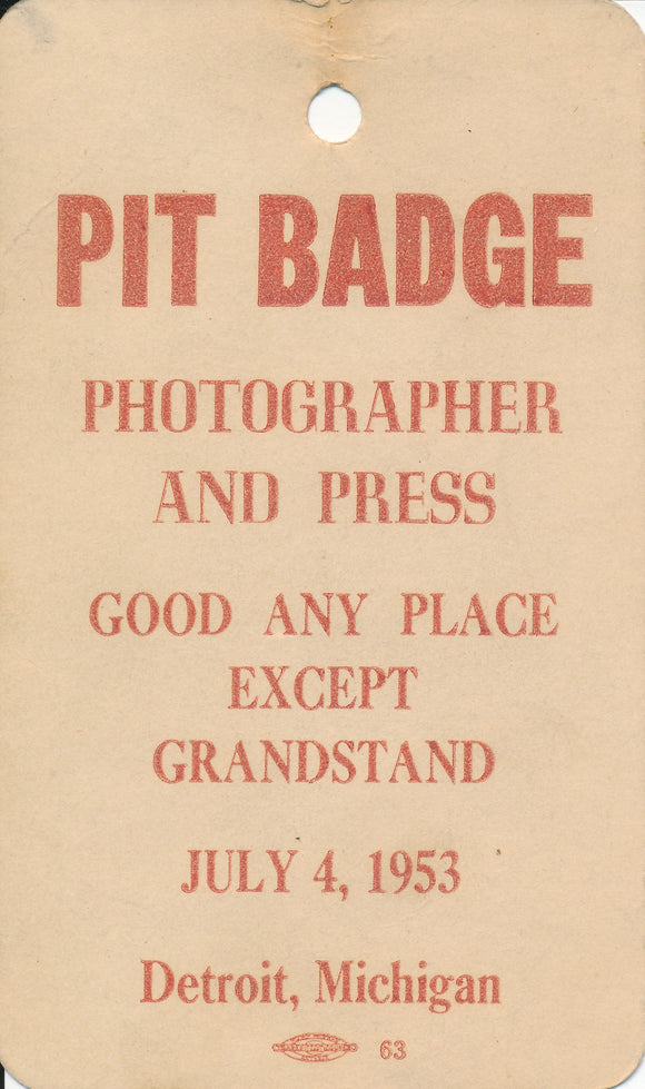 1953 Detroit Michigan Photographer and Press Pit Pass