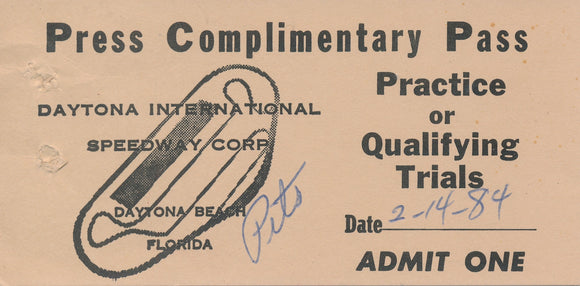 1984 Daytona International Speedway Press Complimentary Pass