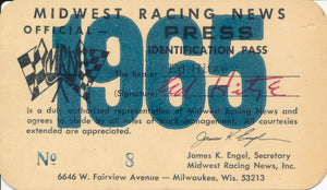 1965 Midwest Racing News Press Ed Hitze Identification Pass