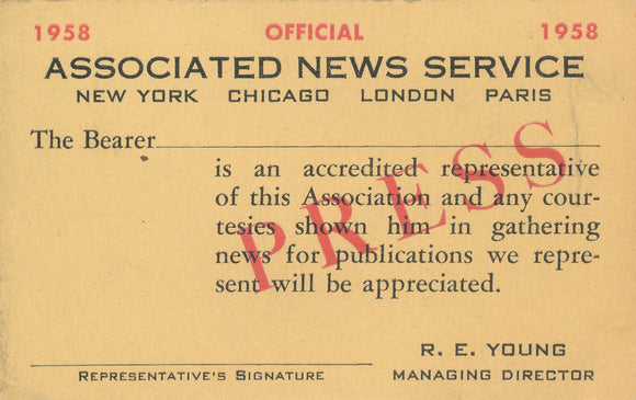 1958 Associated News Service Press Pass