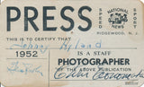 1952 National Speed Sport News John Hyland Press Photographer Credential. Signed by editor Chris Econamaki.