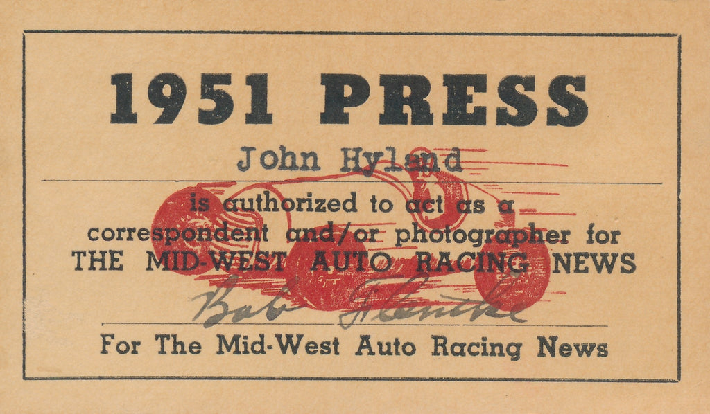 1951 Mid-West Auto Racing News John Hyland Press Pass