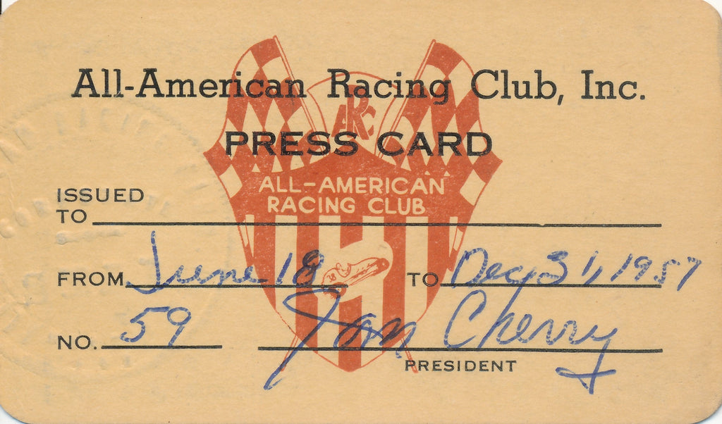 1957 All-American Racing Club Press Card. Signed by Tom Cherry.