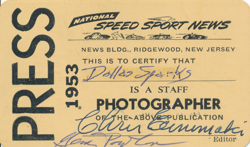 1953 National Speed Sport News Photographer Press Credential. Signed by editor Chris Economaki and others.