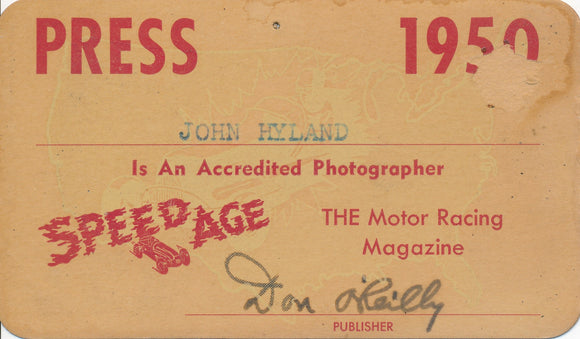 1950 SpeedAge John Hyland Photographer Press Pass